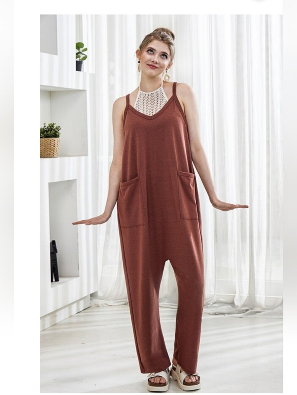 B15  Rust Brown Sleeveless Jumpsuit with Pockets